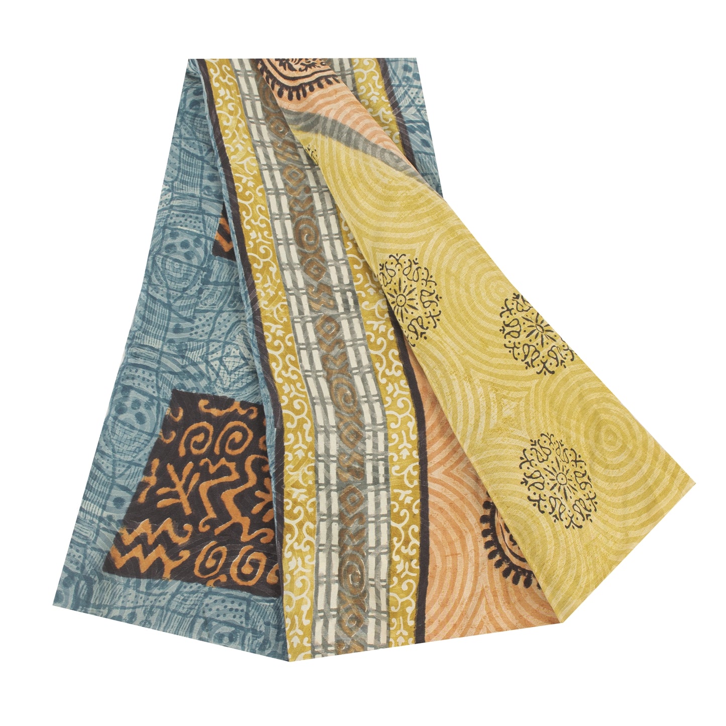 Sanskriti Vintage Sarees Blue Pure Crepe Floral Printed Sari 5+yd Craft Fabric