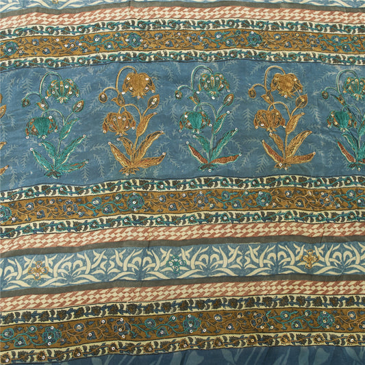 Sanskriti Vintage Sarees Blue Pure Crepe Print Embroidery Sari 5+yd Craft Fabric