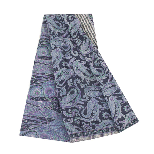 Sanskriti Vintage Sarees Blue Pure Crepe Paisley Printed Sari 5+yd Craft Fabric