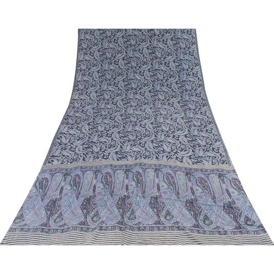 Sanskriti Vintage Sarees Blue Pure Crepe Paisley Printed Sari 5+yd Craft Fabric