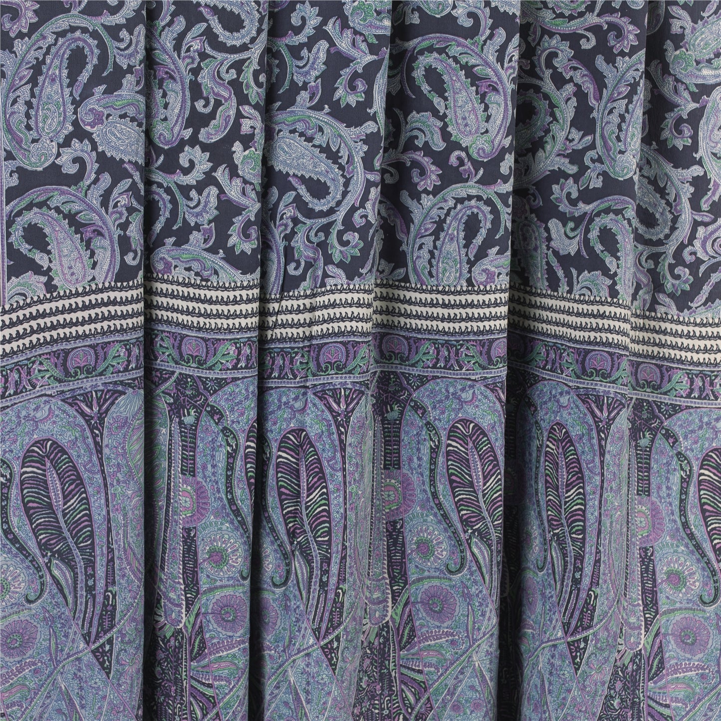 Sanskriti Vintage Sarees Blue Pure Crepe Paisley Printed Sari 5+yd Craft Fabric