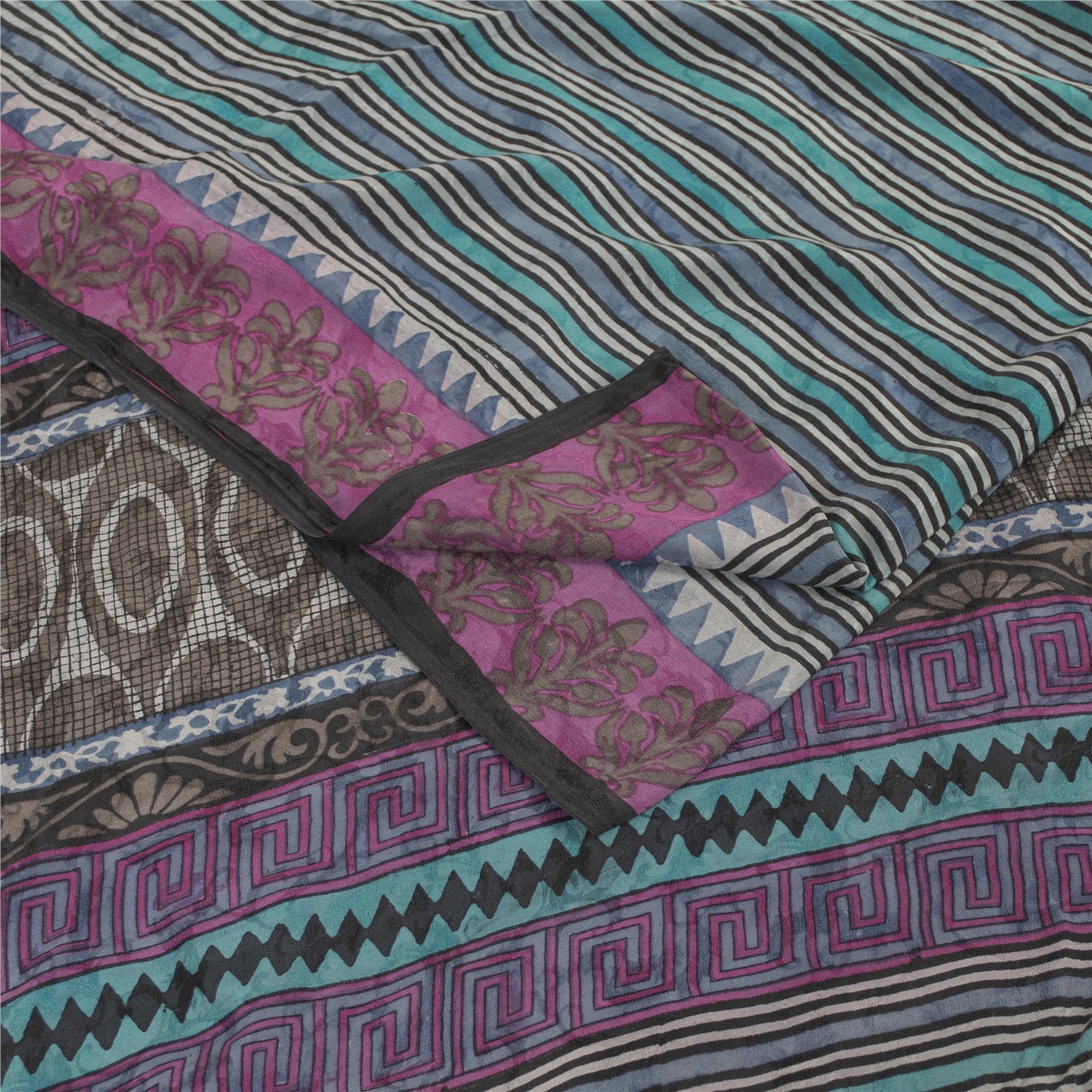 Sanskriti Vintage Sarees Hand Block Printed Pure Crepe Sari 5+yd Craft Fabric