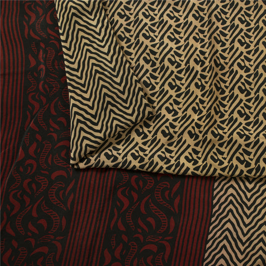 Sanskriti Vintage Sarees Black & Cream Pure Crepe Printed Sari 5+yd Craft Fabric