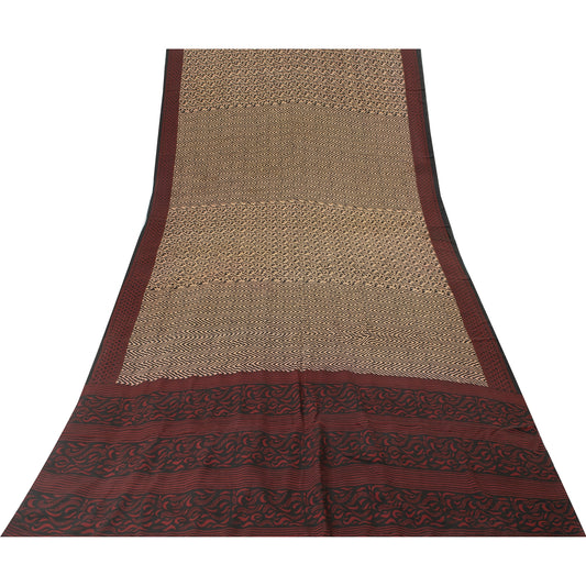 Sanskriti Vintage Sarees Black & Cream Pure Crepe Printed Sari 5+yd Craft Fabric