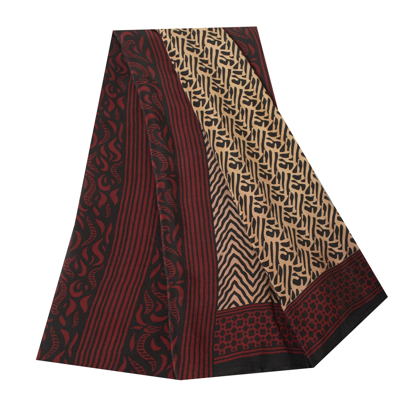 Sanskriti Vintage Sarees Black & Cream Pure Crepe Printed Sari 5+yd Craft Fabric