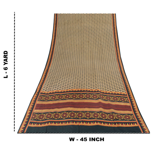 Sanskriti Vintage Sarees Ivory Pure Crepe Silk Printed Sari 6yd Craft Fabric