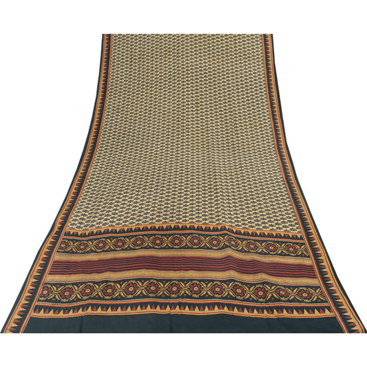 Sanskriti Vintage Sarees Ivory Pure Crepe Silk Printed Sari 6yd Craft Fabric