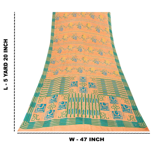 Sanskriti Vintage Sarees Peach Pure Crepe Silk Printed Sari 5+yd Craft Fabric
