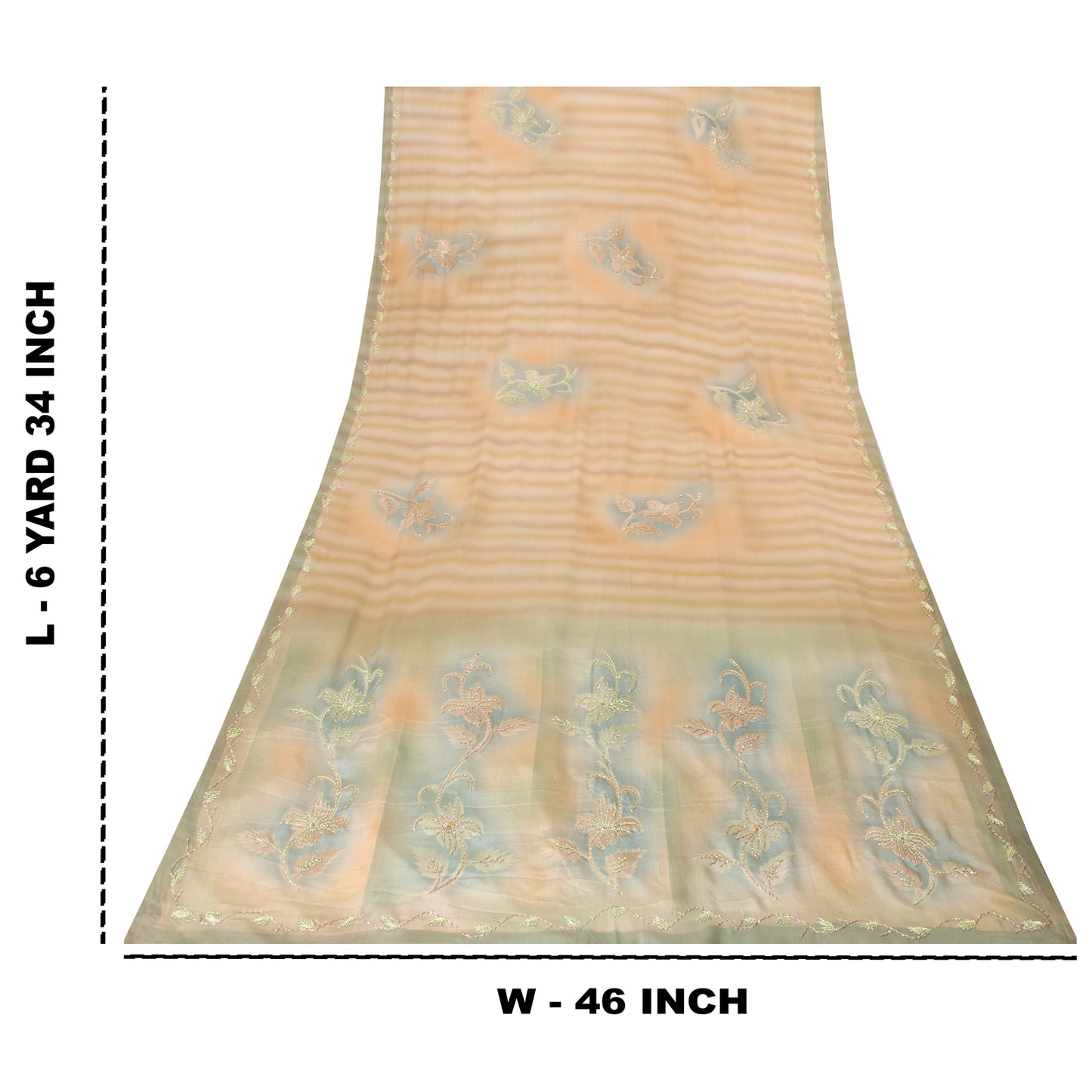 Sanskriti Vintage Sarees Peach Pure Crepe Hand Embroidered Sari 6+yd Fabric