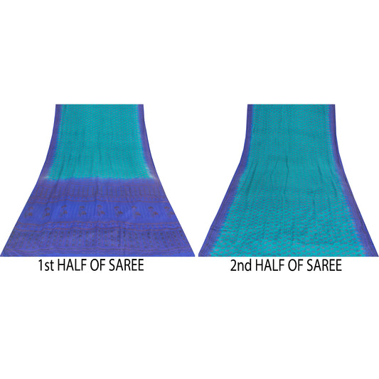 Sanskriti Vintage Sarees Green & Blue 100% Pure Crepe Floral Printed 5+YD Sari