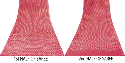 Sanskriti Vintage Saree Pink Pure Crepe Silk Hand Block Printed Sari 6+Yd Fabric