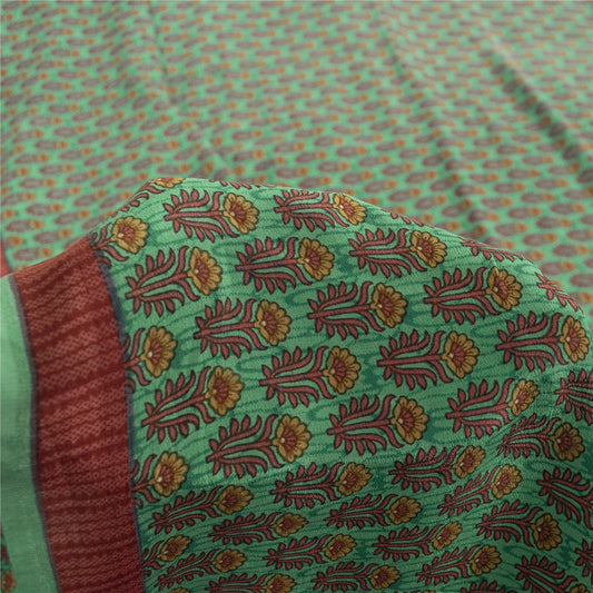 Sanskriti Vintage Sarees Green Pure Crepe Floral Printed Sari 5+yd Craft Fabric