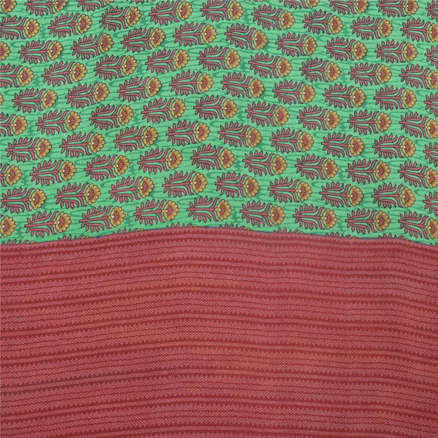 Sanskriti Vintage Sarees Green Pure Crepe Floral Printed Sari 5+yd Craft Fabric