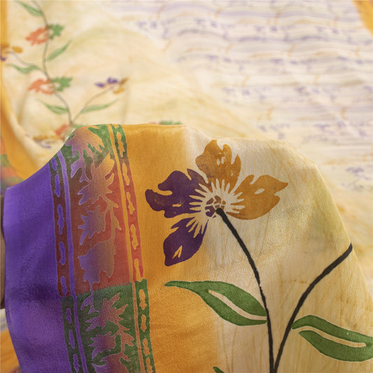 Sanskriti Vintage Sarees Ivory Pure Crepe Floral Printed Sari 5+yd Craft Fabric