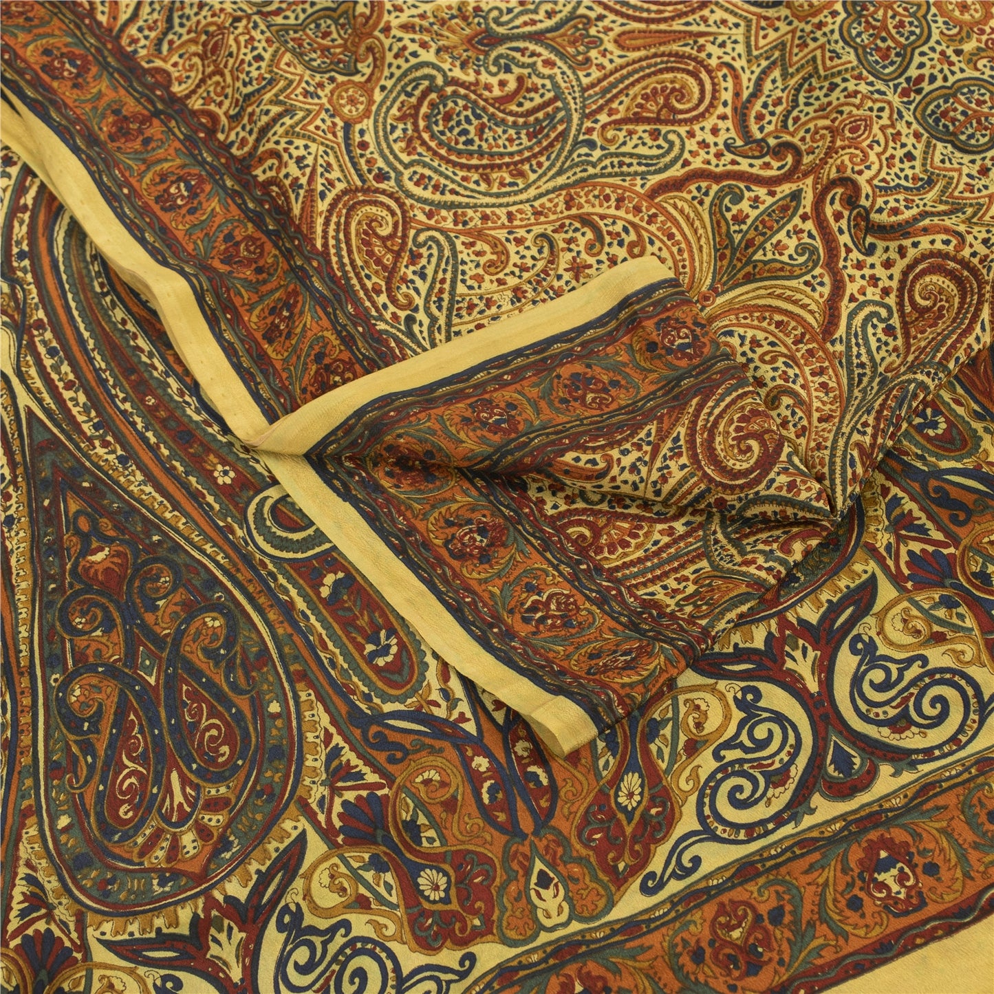 Sanskriti Vintage Sarees Yellow Pure Crepe Silk Printed Sari 5+yd Craft Fabric