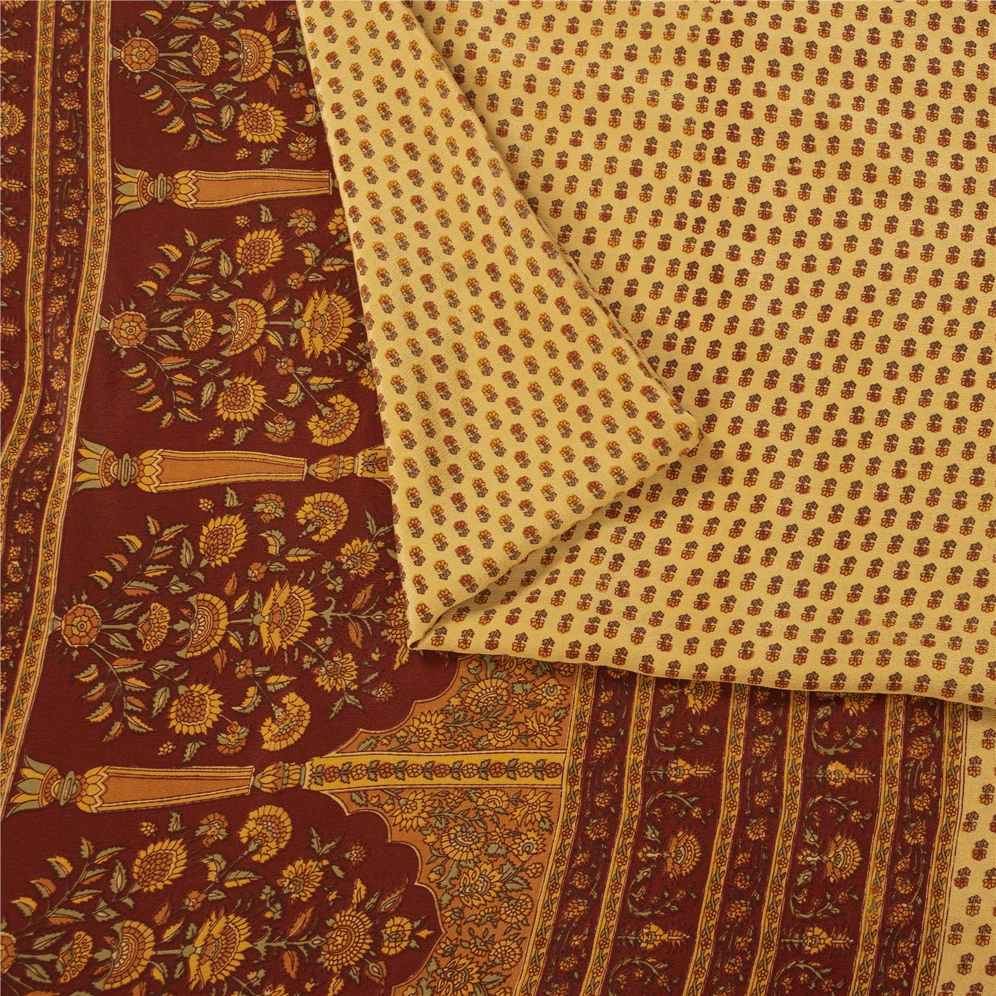 Sanskriti Vintage Sarees Pale Yellow Pure Crepe Printed Sari 5+yd Craft Fabric