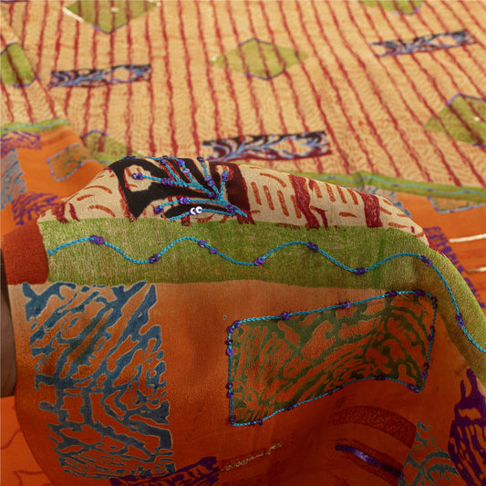 Sanskriti Vintage Sarees Orange Pure Crepe Floral Print Sari 5+YD Bohomian Sari
