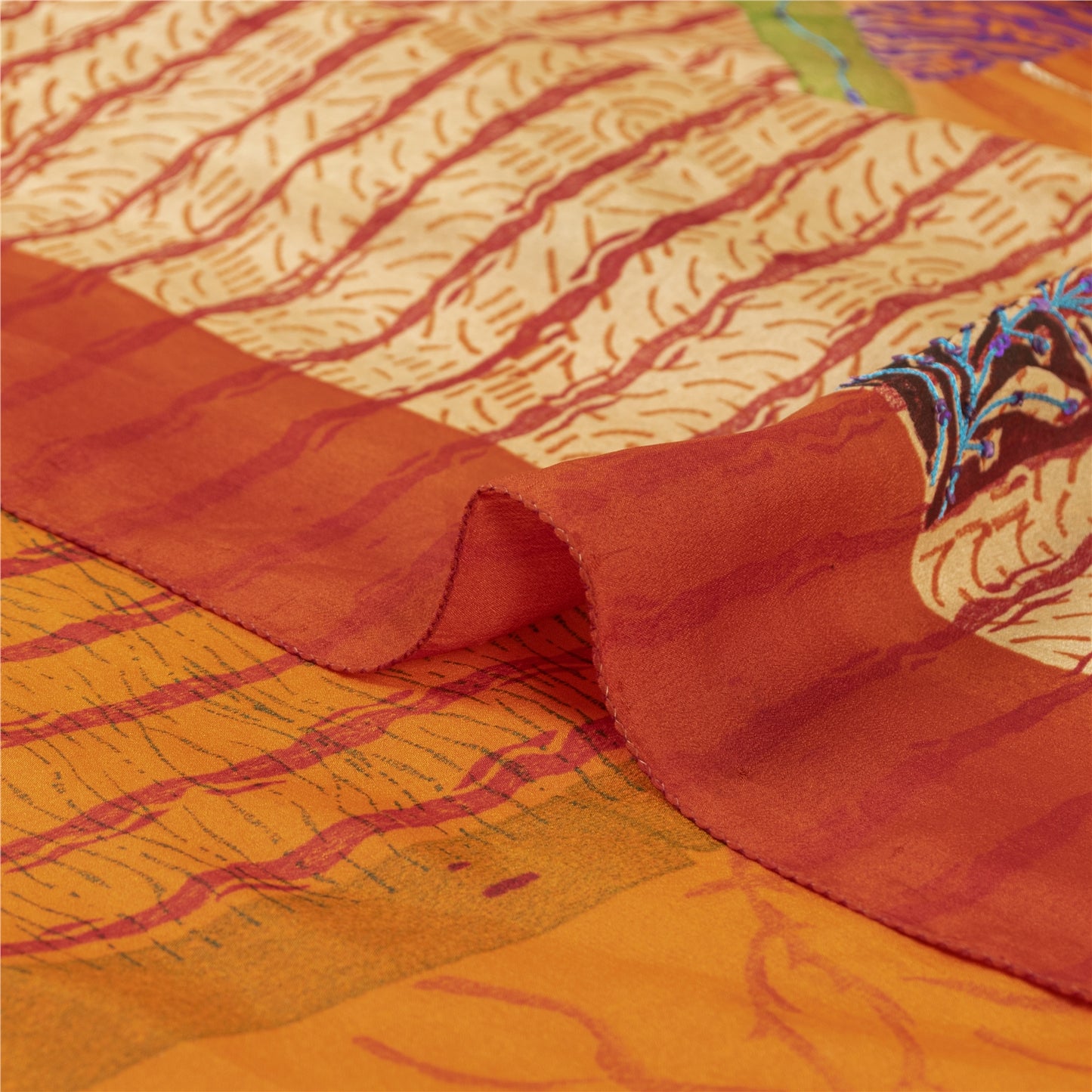Sanskriti Vintage Sarees Orange Pure Crepe Floral Print Sari 5+YD Bohomian Sari