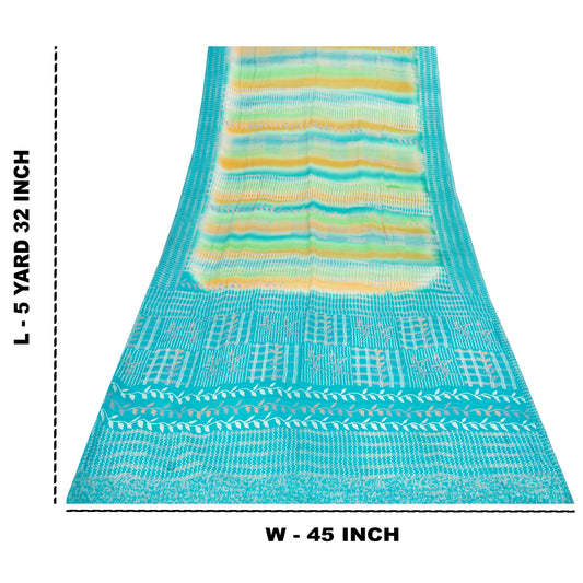 Sanskriti Vintage Sarees Blue Pure Crepe Floral Printed Sari 5+YD For Upcyclers