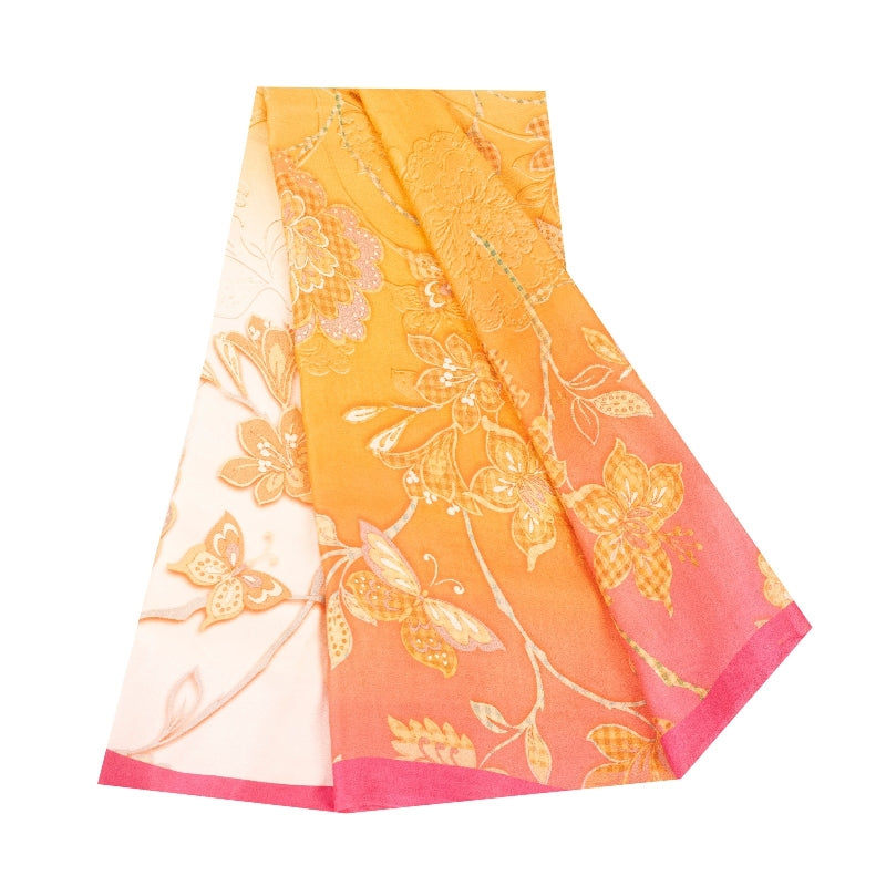 Sanskriti Vintage Sarees Yellow & Pink Pure Crepe Floral Print 6YD Indian Sari