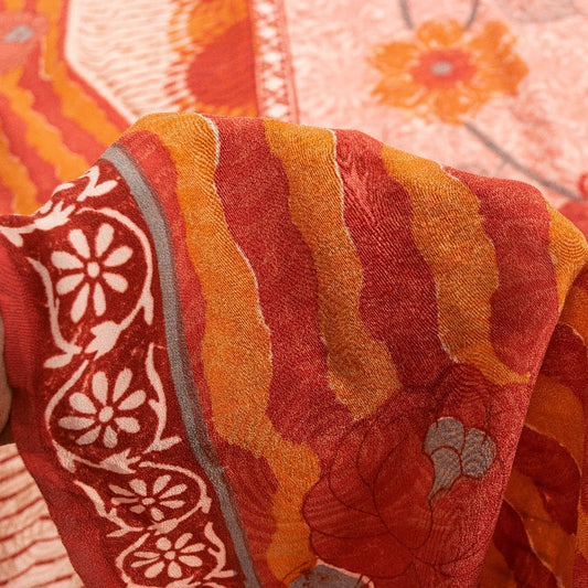 Sanskriti Vintage Sarees Red & Orange Pure Crepe Floral Print 5+YD Sari Quilts