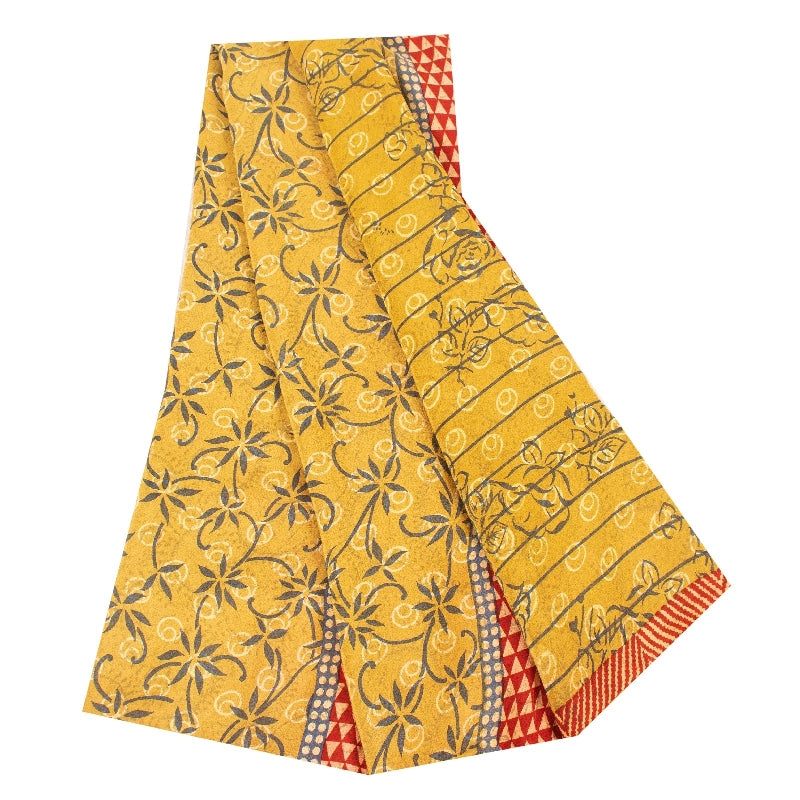 Sanskriti Vintage Sarees Yellow Pure Crepe Floral Print 5+YD Sari Recycle Fabric
