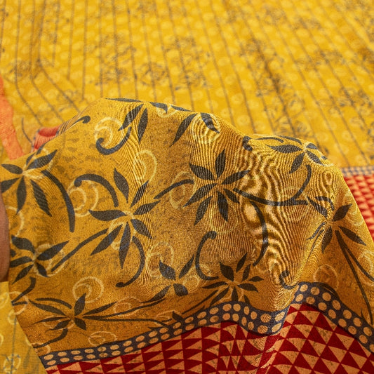 Sanskriti Vintage Sarees Yellow Pure Crepe Floral Print 5+YD Sari Recycle Fabric