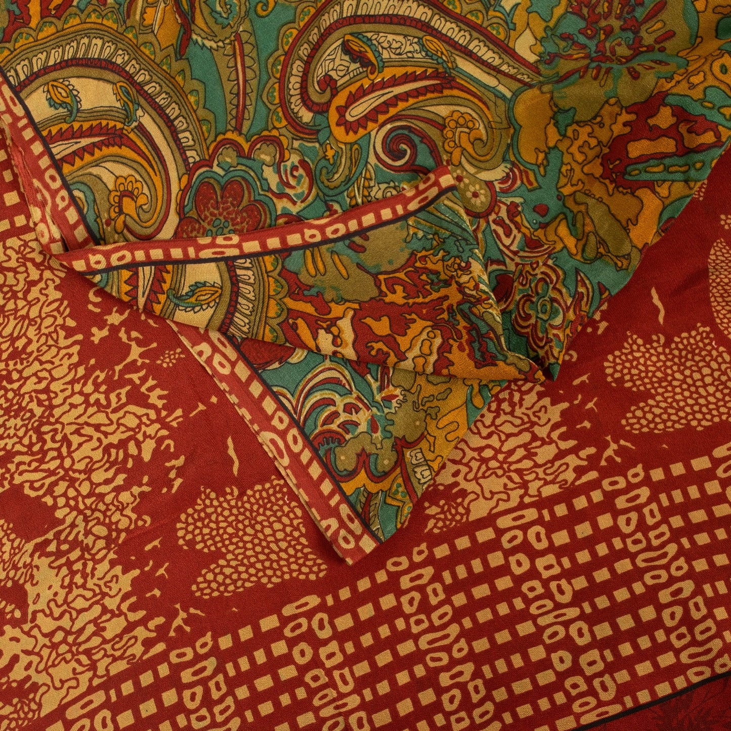 Sanskriti Vintage Sarees Green Pure Crepe Paisley Print 5+YD Quilting Material