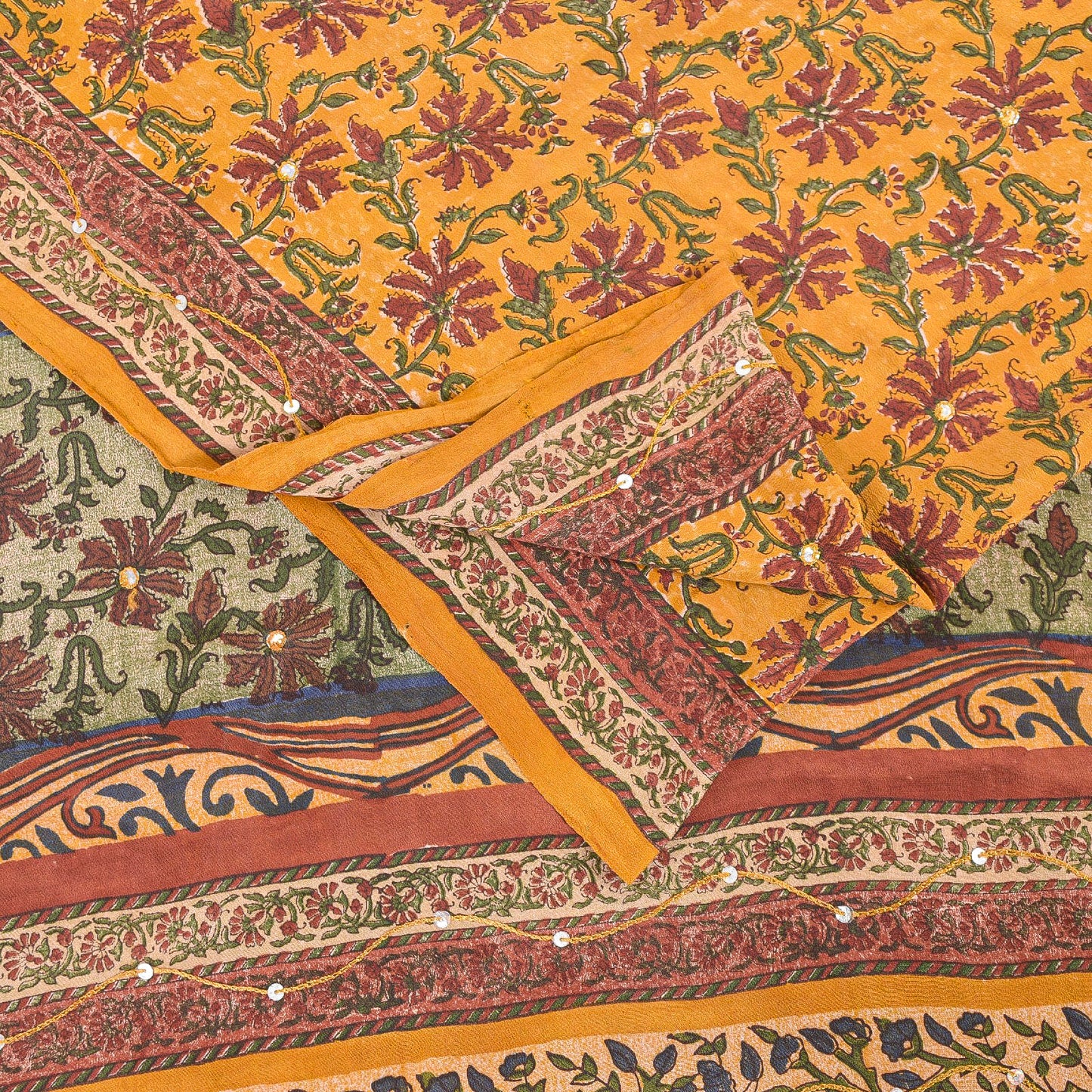 Sanskriti Vintage Sarees Yellow Pure Crepe Floral Print 5+YD For Quilting Sari