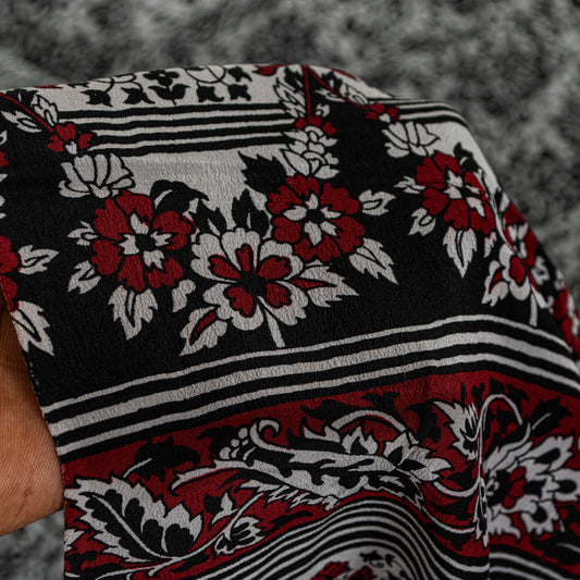 Sanskriti Vintage Black-White Sarees Pure Crepe Kalamkari Block Print 5YD Fabric