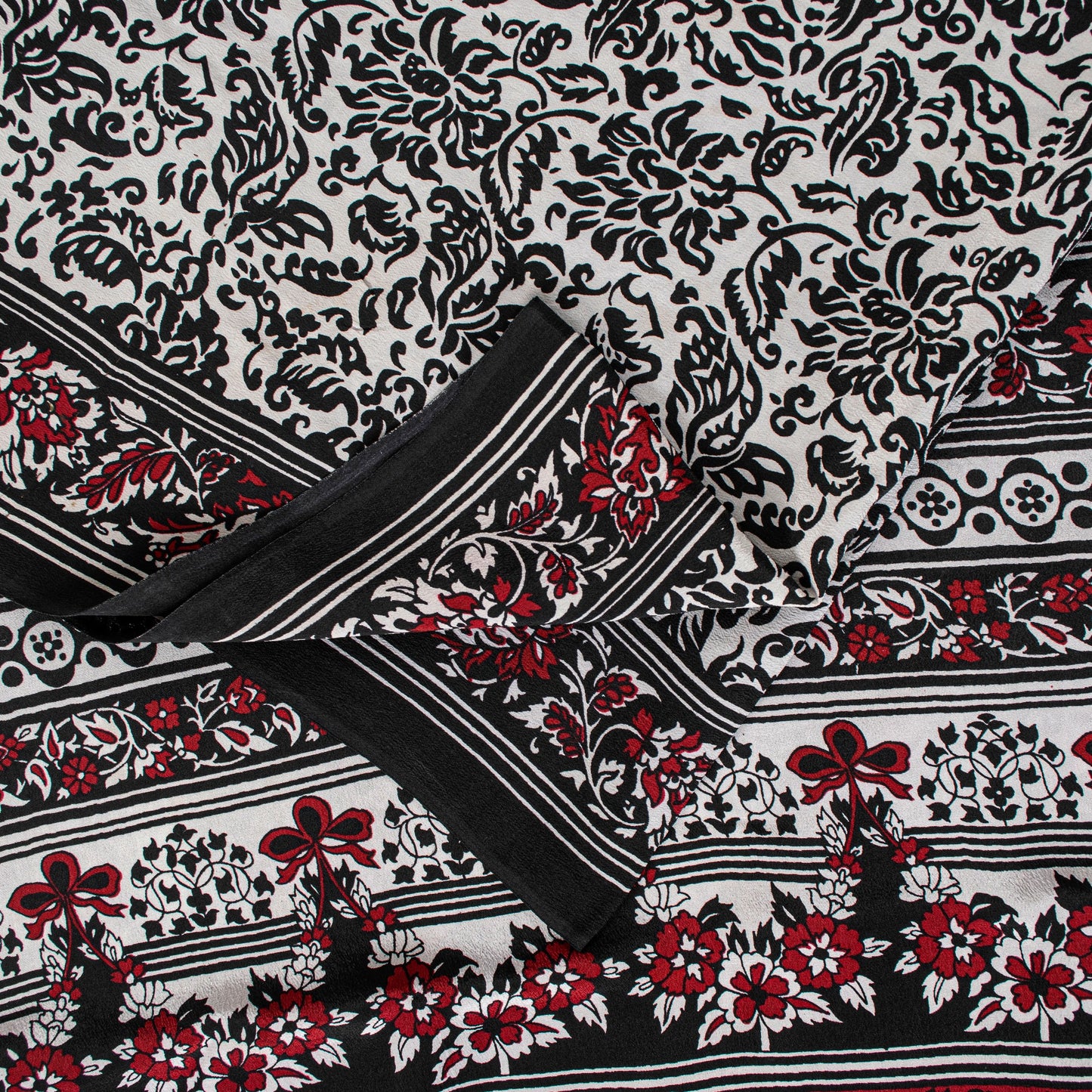 Sanskriti Vintage Black-White Sarees Pure Crepe Kalamkari Block Print 5YD Fabric