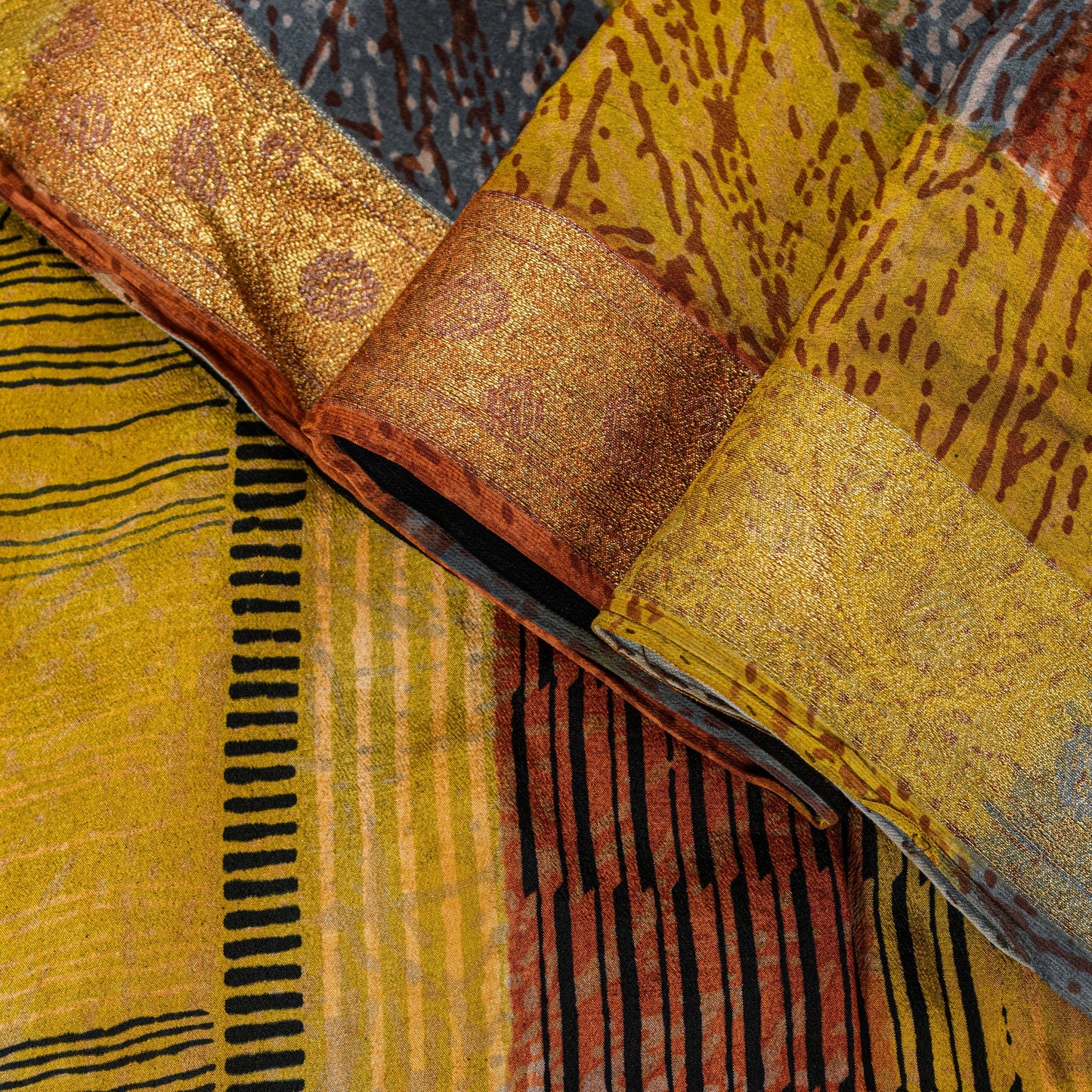 Sanskriti Vintage Yellow Pure Crepe Sarees Geometric Printed Sari 5.5+YD Fabric