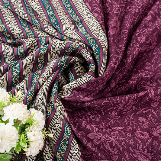 Sanskriti Vintage Purple Sarees Pure Crepe Kalamkari Printed Sari 5.5+YD Fabric