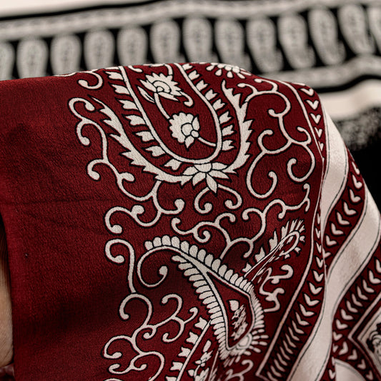 Sanskriti Vintage Red-Black Saree Pure Crepe Handmade Kalamkari 5.5+YD Fabric