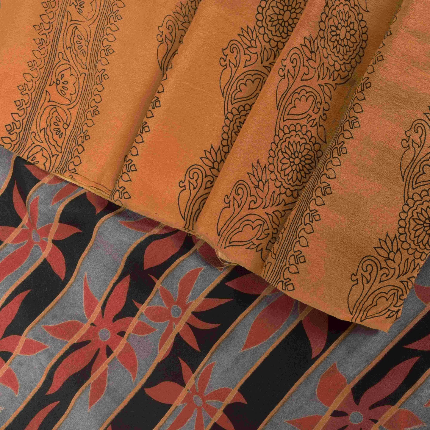 Sanskriti Vintage Soft Peach Pure Crepe Sari Block Kalamkari Printed Saree 5.5Yd