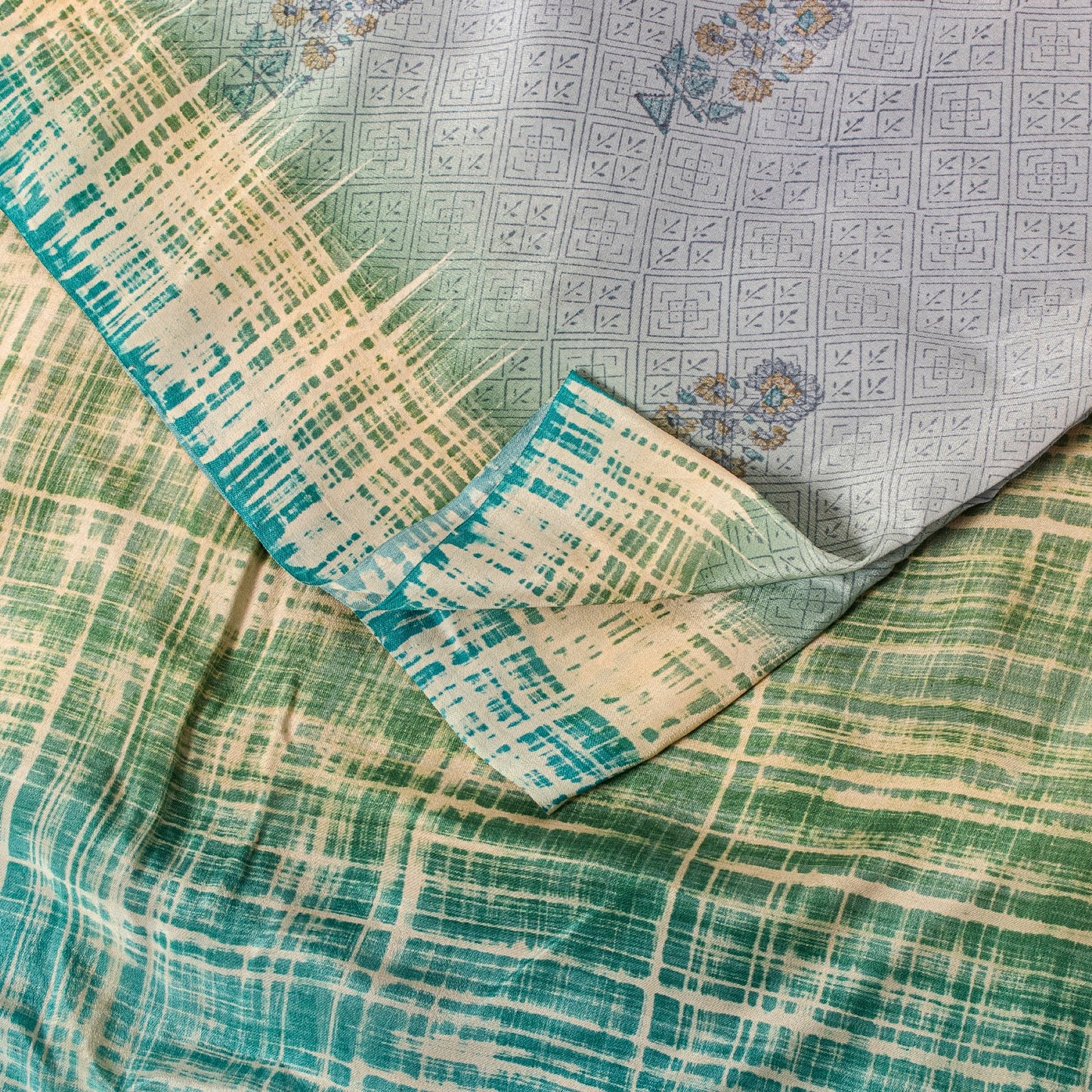 Sanskriti Vintage Soft Blue Pure Crepe Sari Floral Geometric Printed Saree 6+Yd