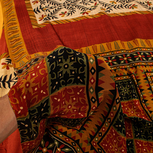 Sanskriti Vintage Soft Red-Cream Pure Crepe Silk Sari Floral Printed Saree 5.5Yd