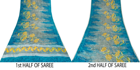 Sanskriti Vintage Saree Blue Pure Crepe Floral Print Sari 5.5+Yard Craft Fabric