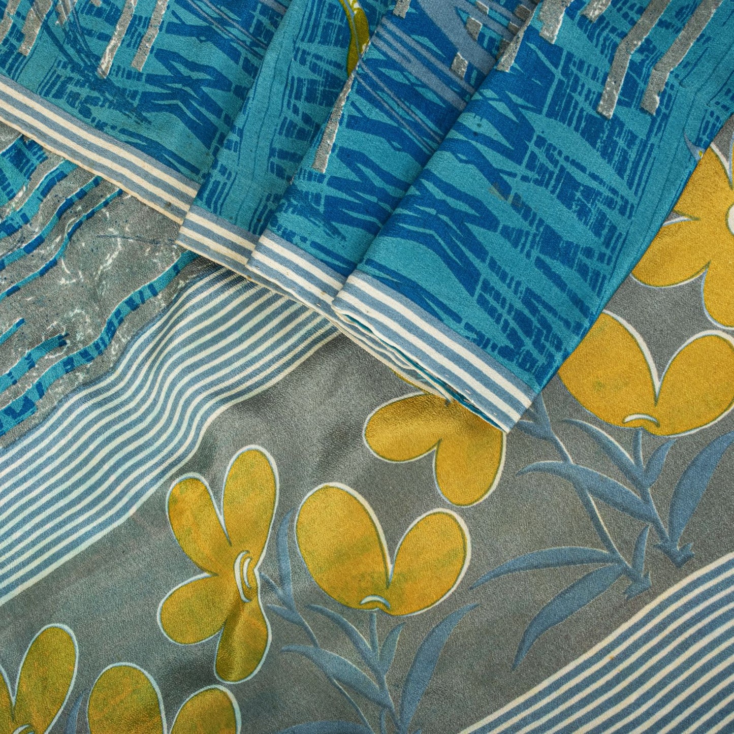 Sanskriti Vintage Saree Blue Pure Crepe Floral Print Sari 5.5+Yard Craft Fabric