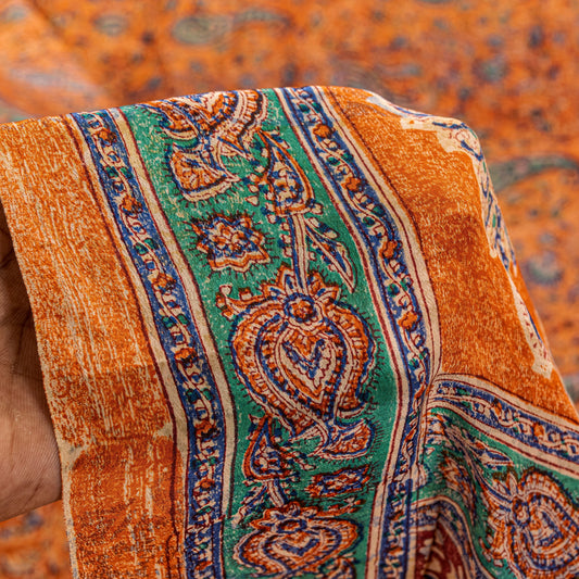Sanskriti Vintage Orange Sari Soft Pure Crepe Hand Block Printed Saree 6YD Craft