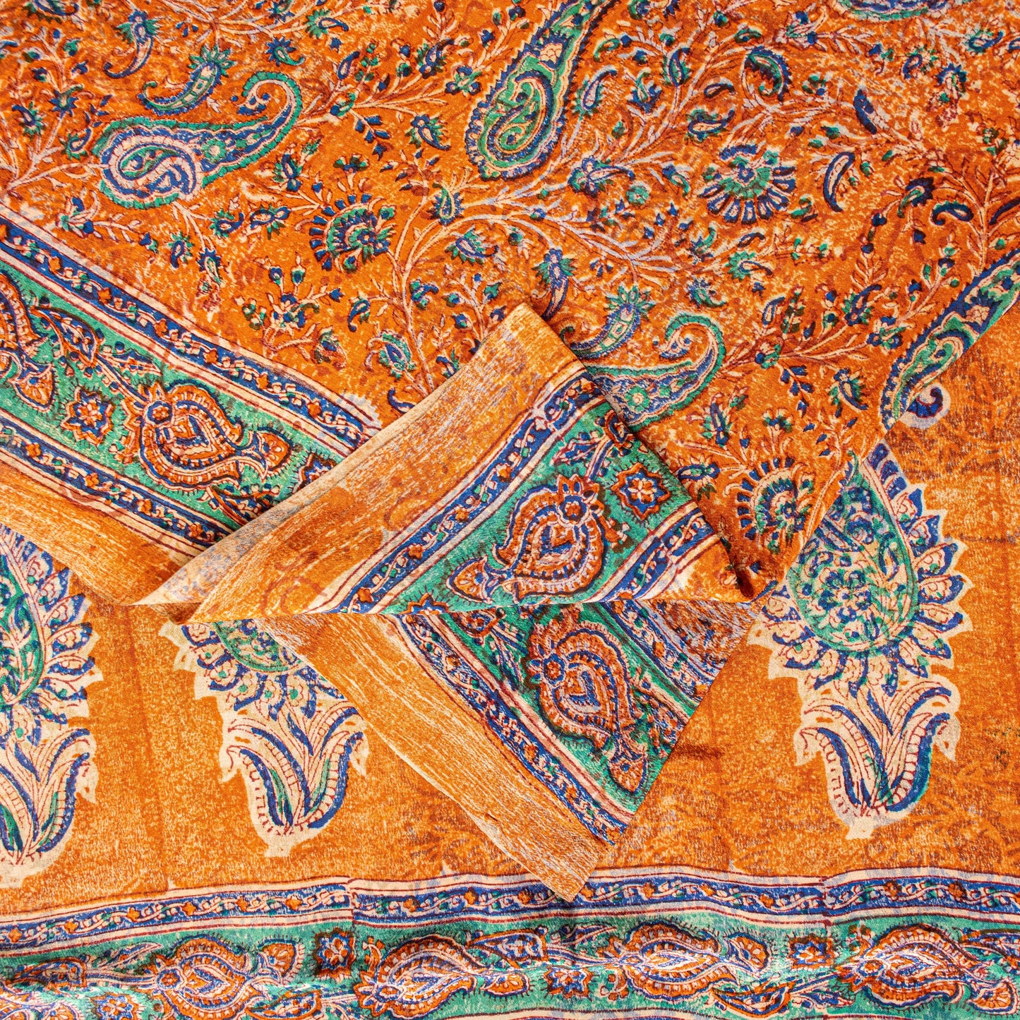 Sanskriti Vintage Orange Sari Soft Pure Crepe Hand Block Printed Saree 6YD Craft