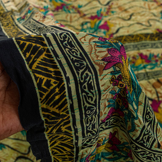 Sanskriti Vintage Beige Sari Soft 100%Pure Crepe Silk Floral Print Saree 5.5Yard