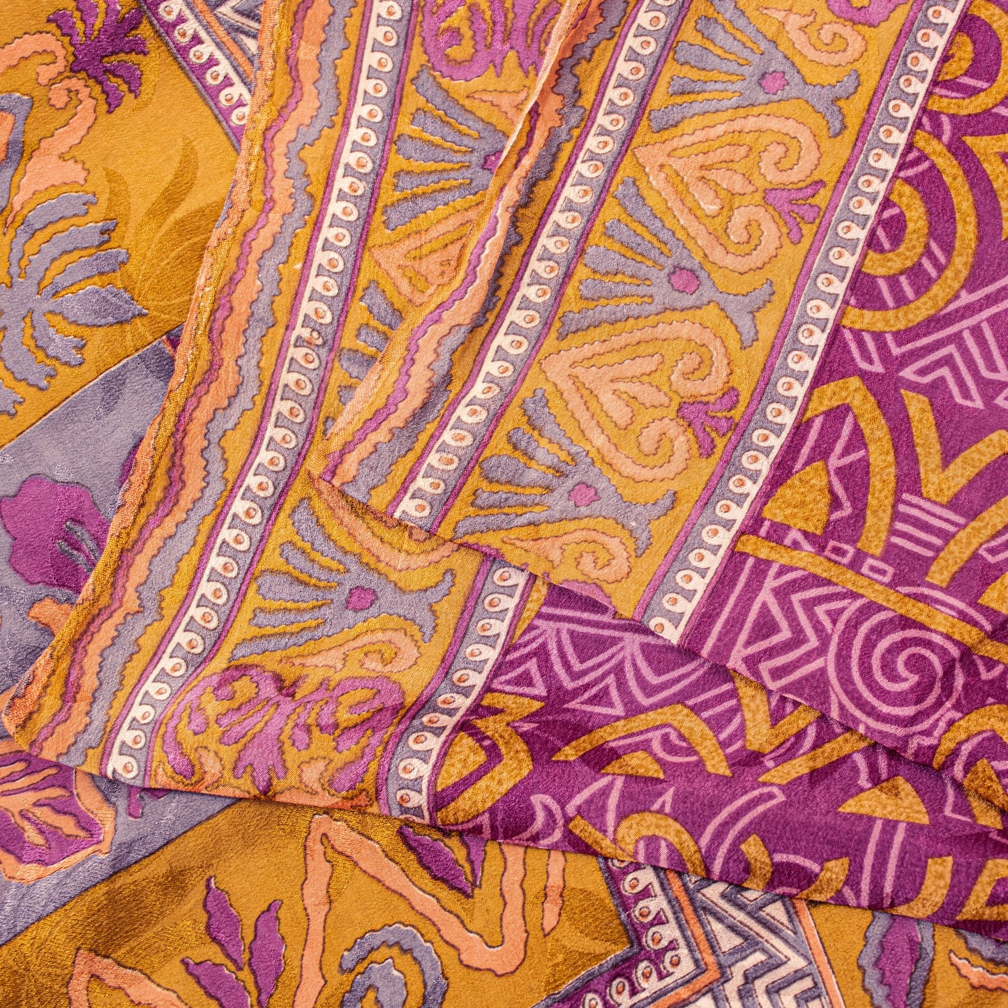 Sanskriti Vintage Purple-Yellow Sari Soft Pure Crepe Abstract Print Saree 5.5Yd