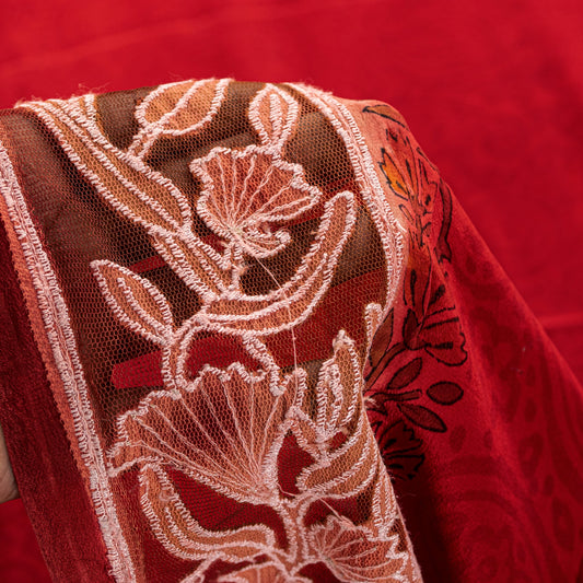 Sanskriti Vintage Red Sari Soft Pure Crepe Hand Block Print Net Patch Saree 5+YD