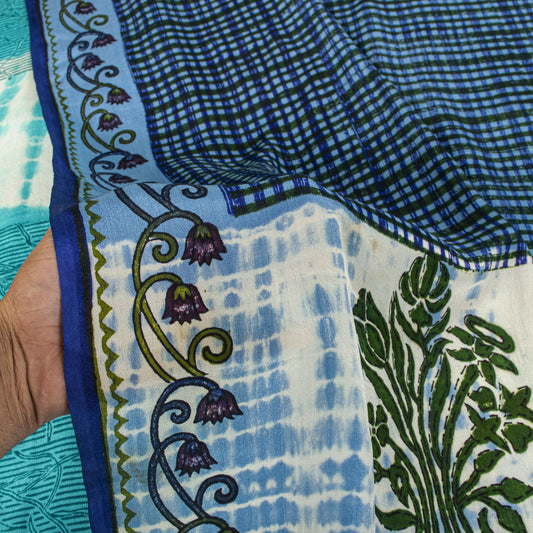 Sanskriti Vintage Saree Blue Pure Crepe Dye-Floral Printed Sari 5.5+Yard Fabric