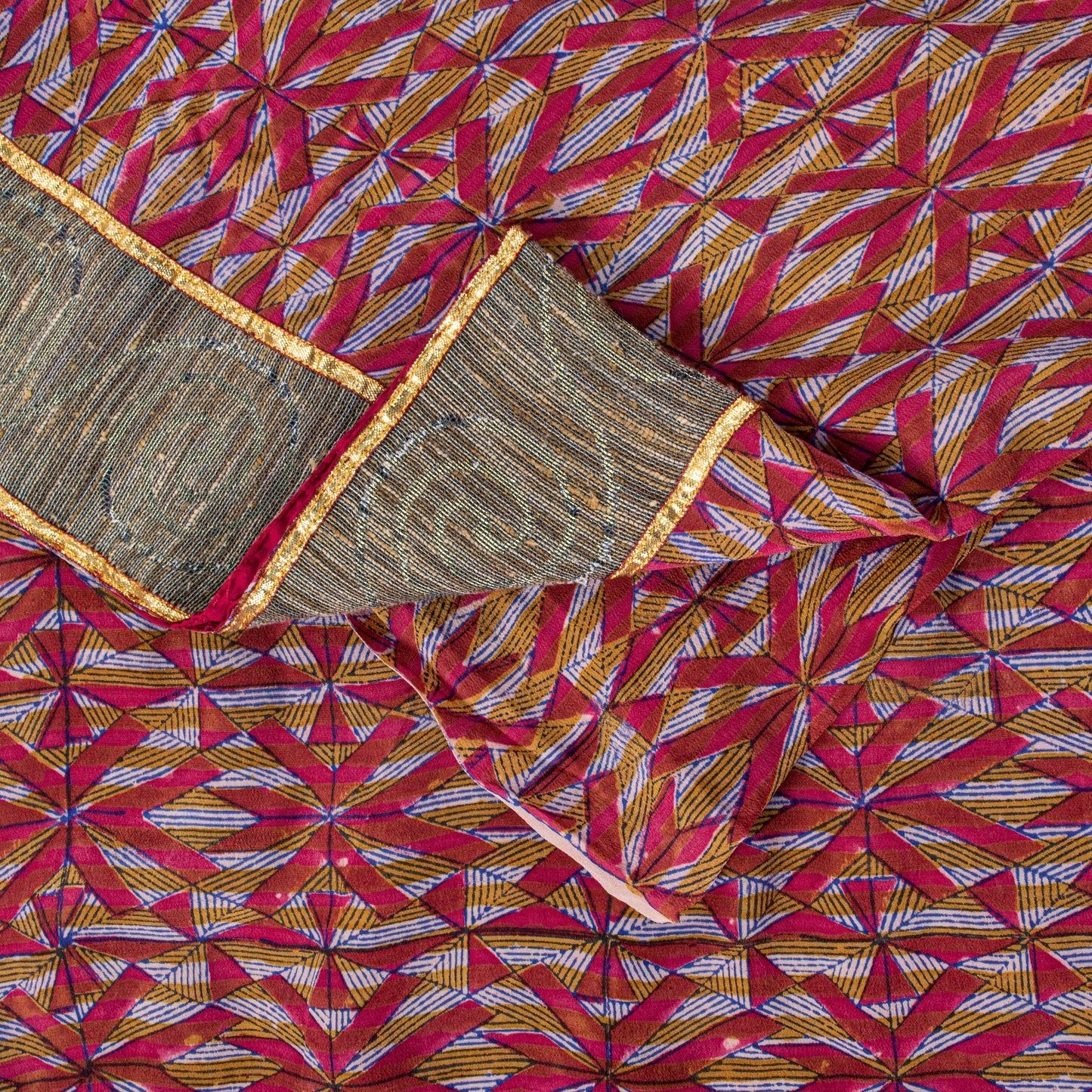 Sanskriti Vintage Red Soft Pure Crepe Sari Digital Printed Gota Lace Saree 5+Yd