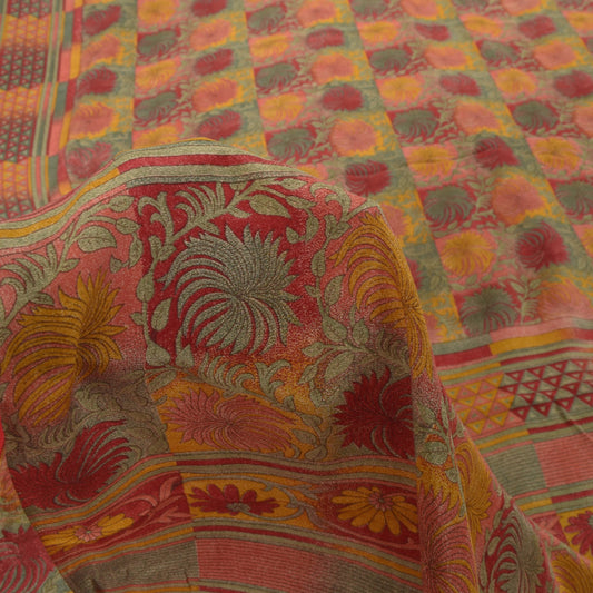 Sanskriti Vintage Soft Multicolor Pure Crepe Silk Sari Floral Print Saree 5.5Yd