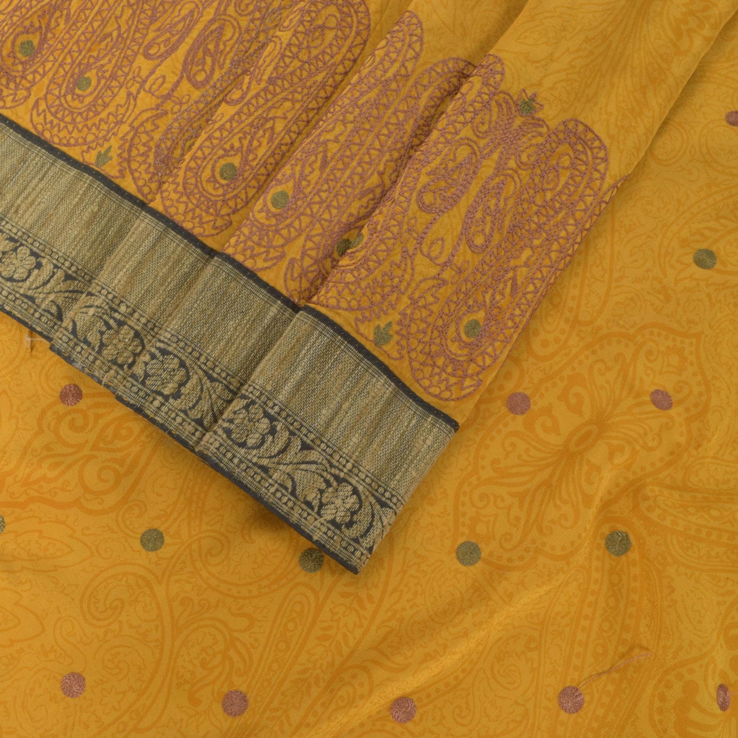 Sanskriti Vintage Soft Yellow Pure Crepe Silk Sari Embroidered Print Saree 5.5Yd