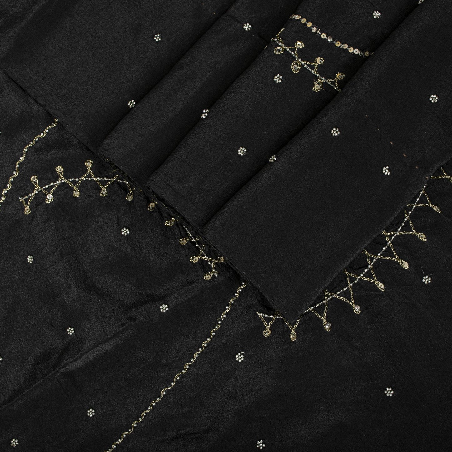 Sanskriti Vintage Soft Black Pure Crepe Silk Sari Hand Beaded Zari Saree 5.5Yd