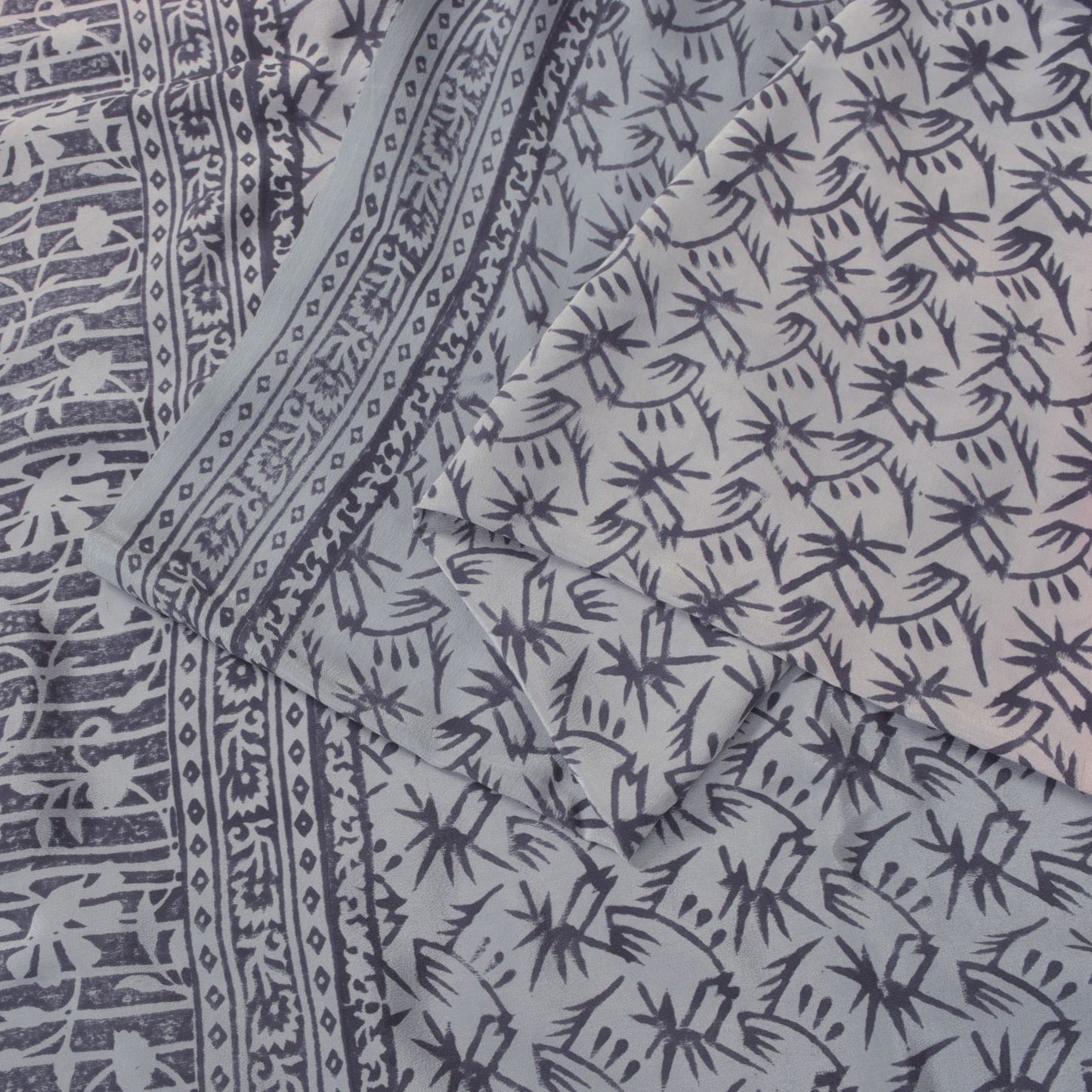 Sanskriti Vintage Blue-Pink Pure Crepe Silk Sari Hand Block Printed Saree 5.5Yd
